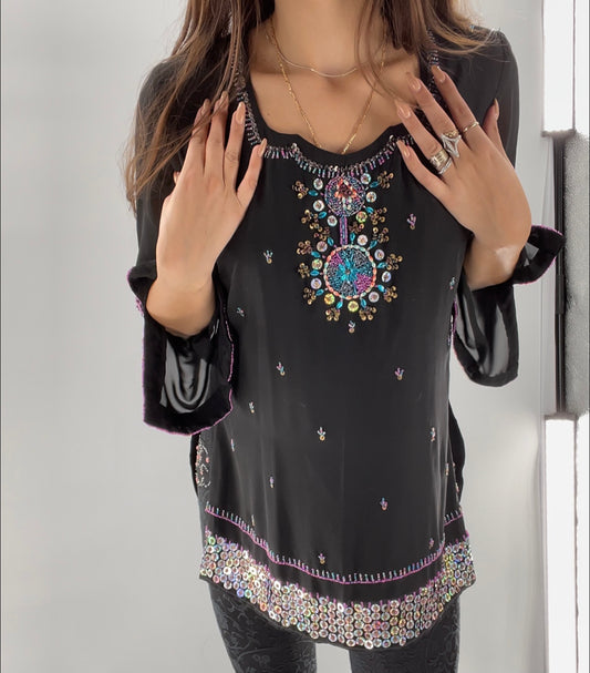 Black Long Sleeve Beaded Tunic (Large)