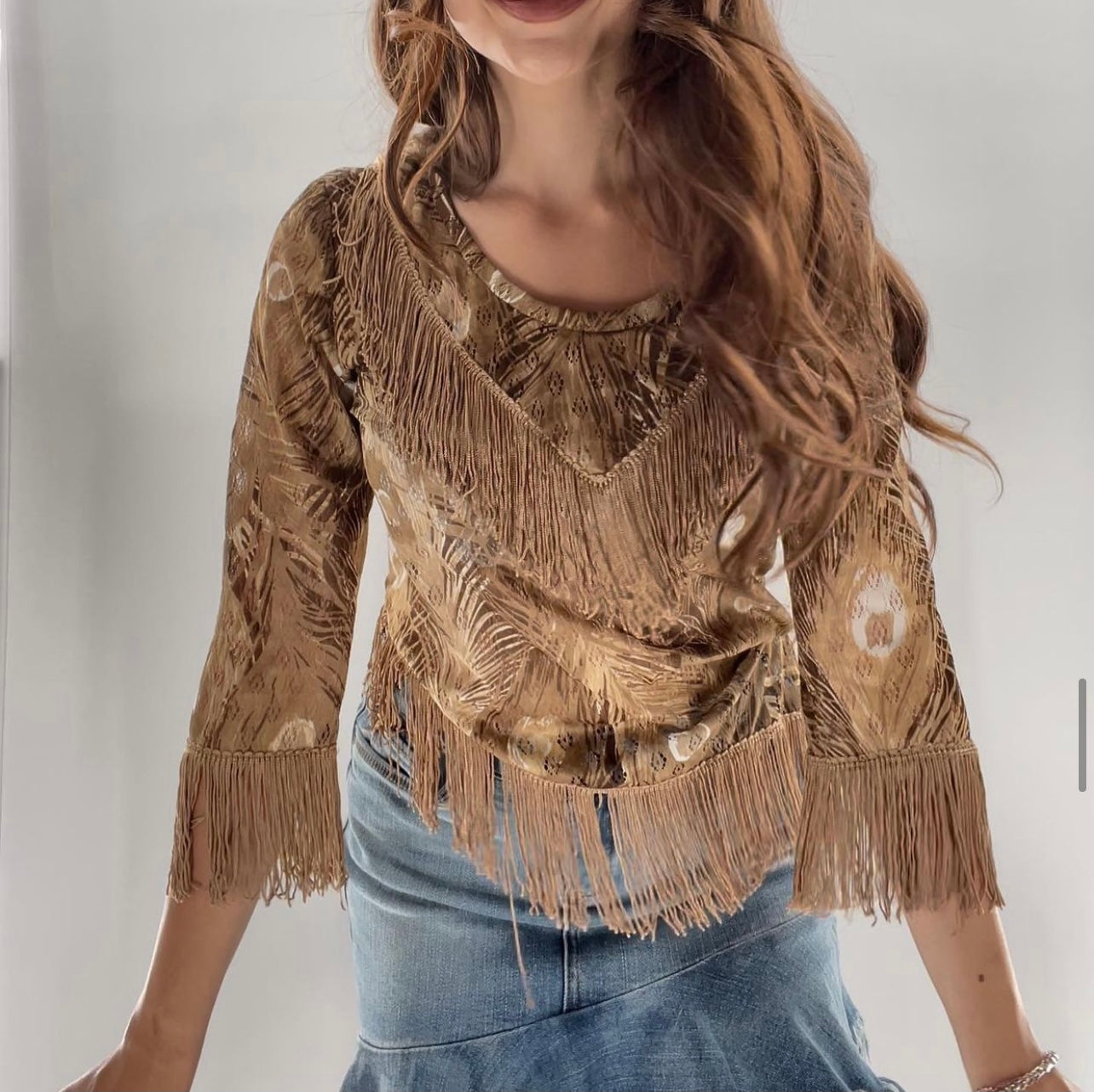 Vintage Tan Asymmetric Fringe Top (S)