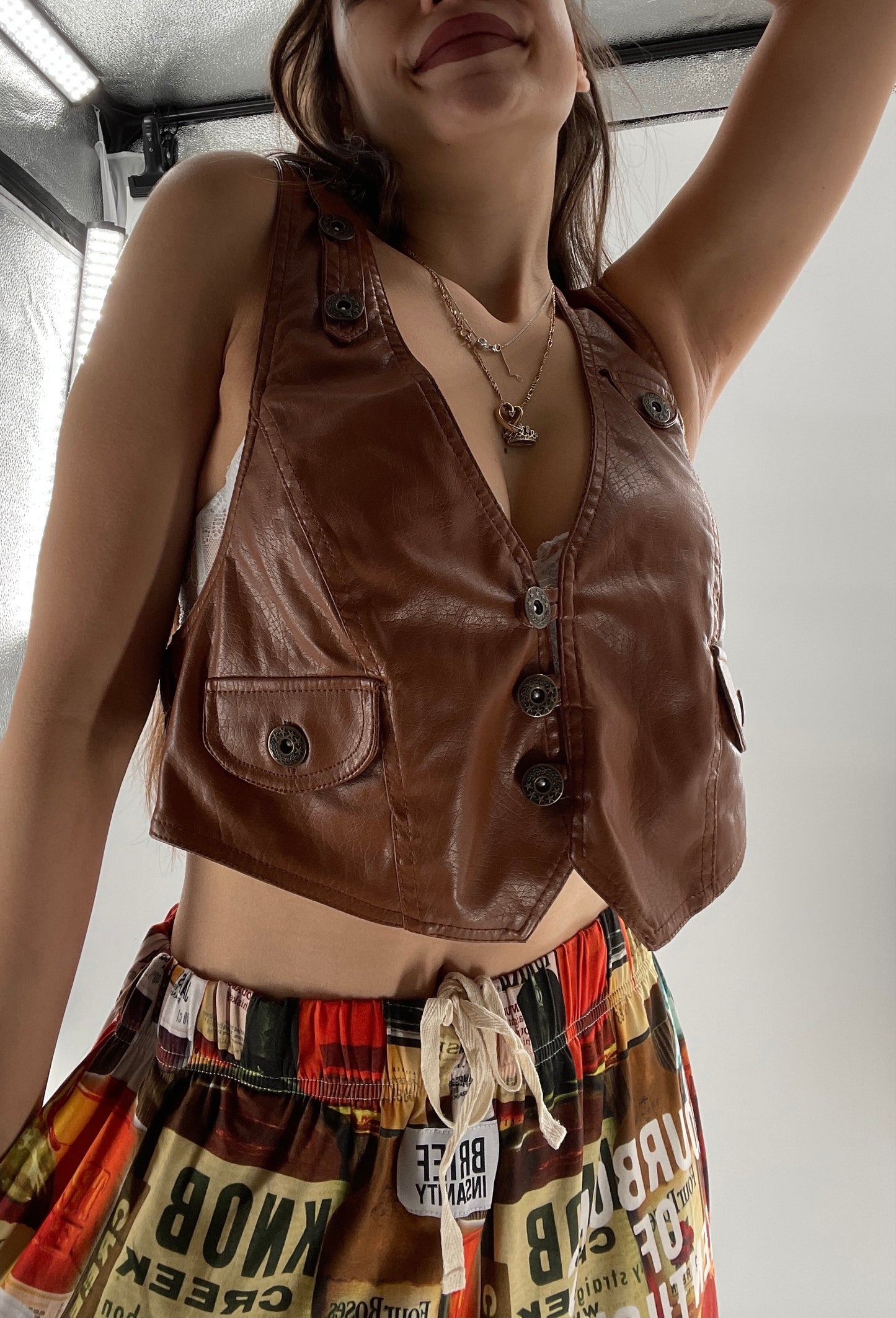 Vintage Papertee Brown Faux Leather Crop Vest (XL)