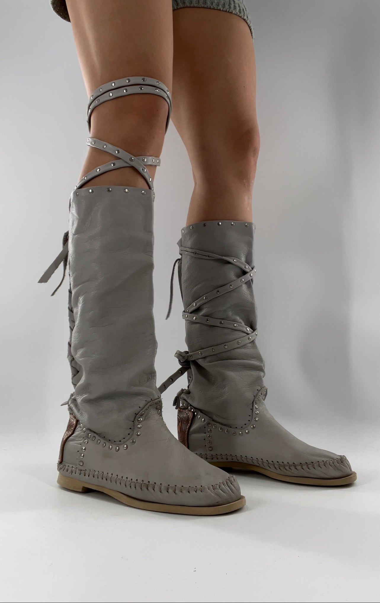 Hector Riccione Off White Leather Boots With Silver Studs Embellishments and Tied Up  -  Size 8 Apparently- Gently Used -