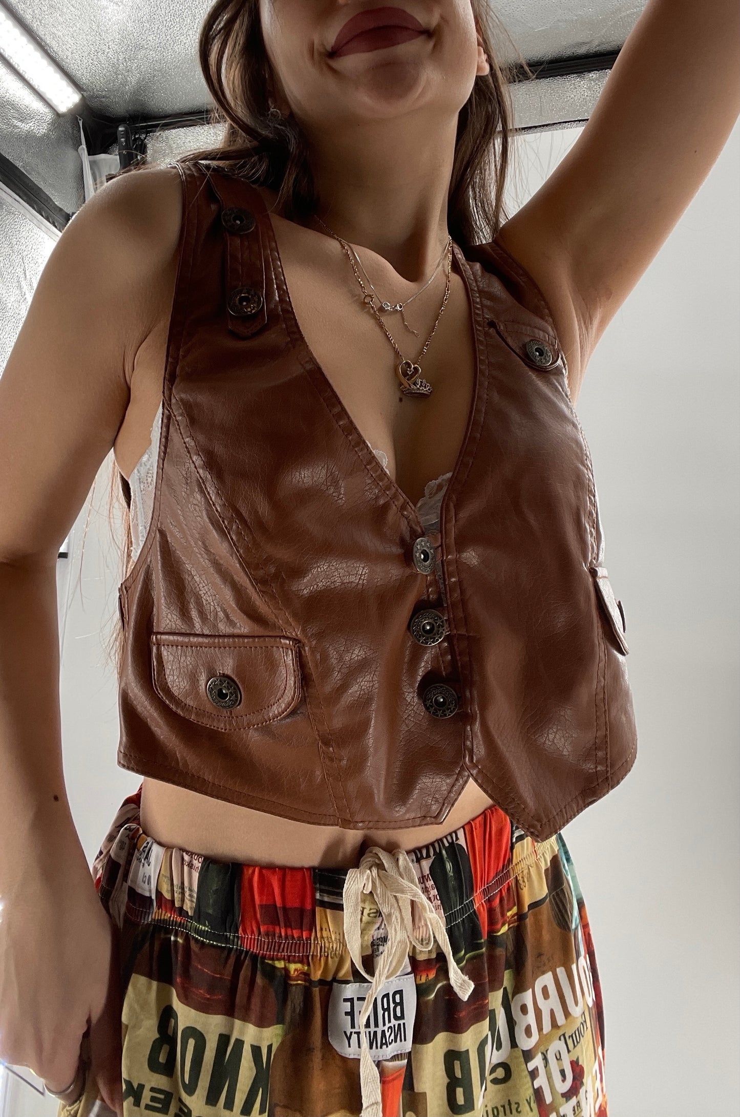 Vintage Papertee Brown Faux Leather Crop Vest (XL)