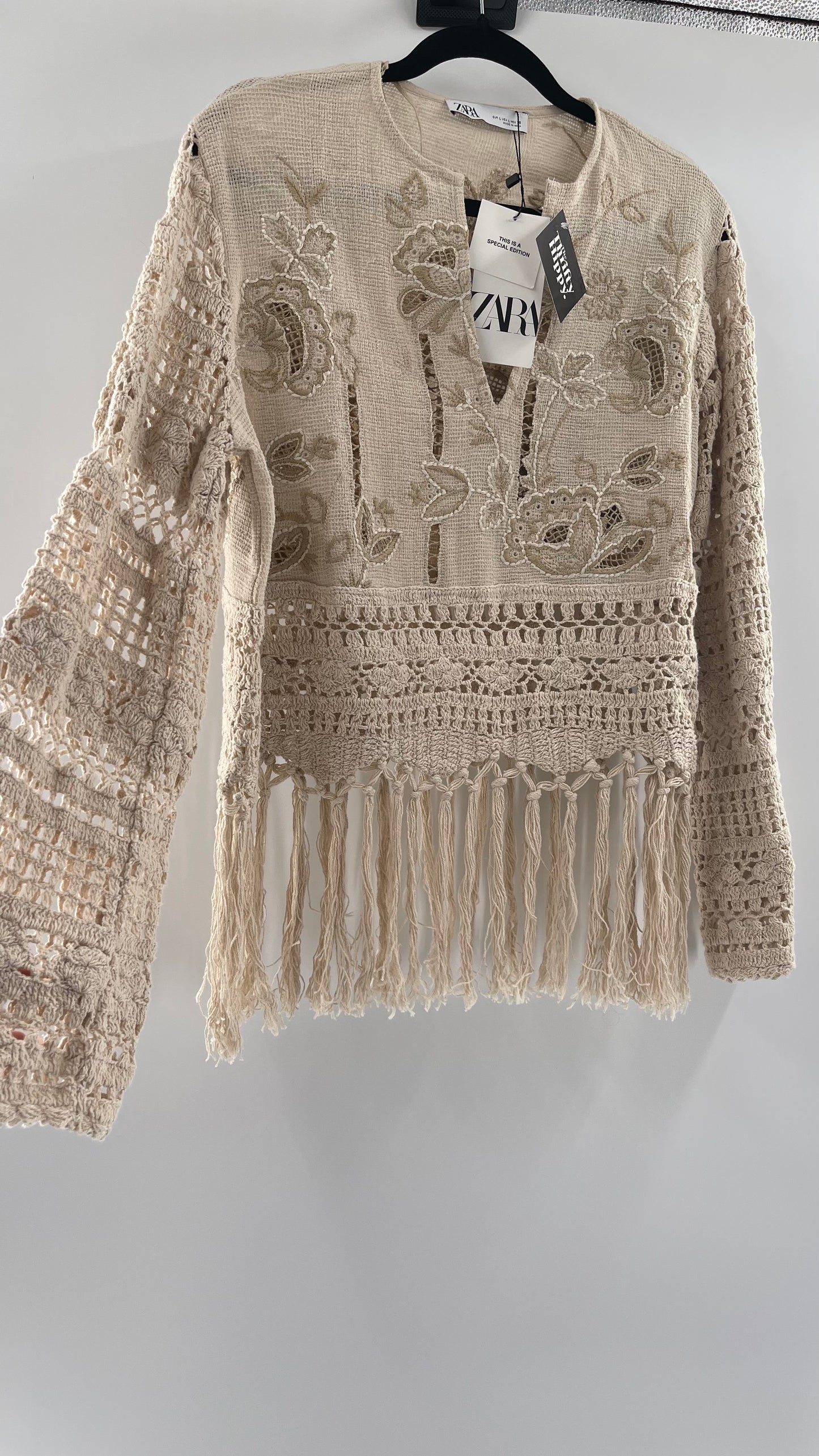 Zara Beige Gauze, Crochet, Embroidered Tunic Blouse (Large)