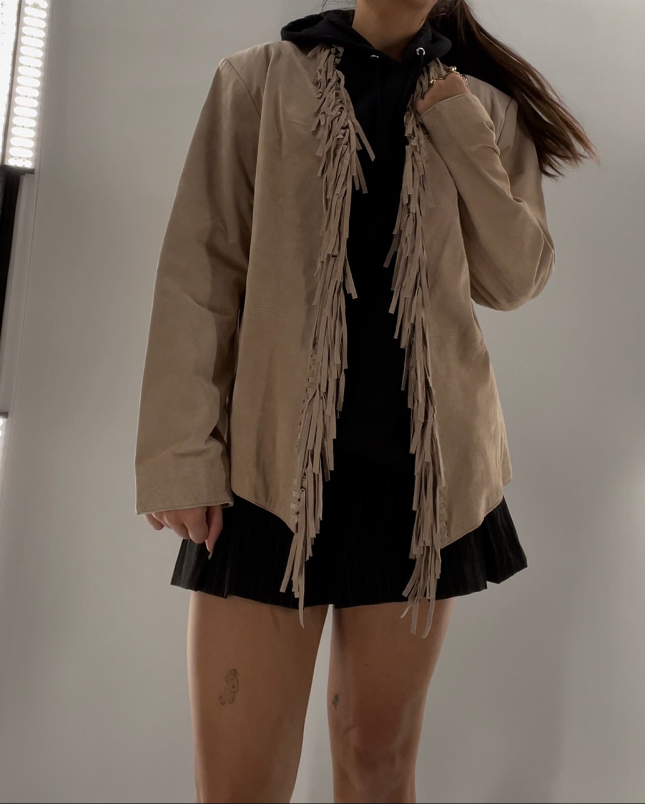 DIALOGUE Vintage Beige Suede Fringe Jacket (Large)