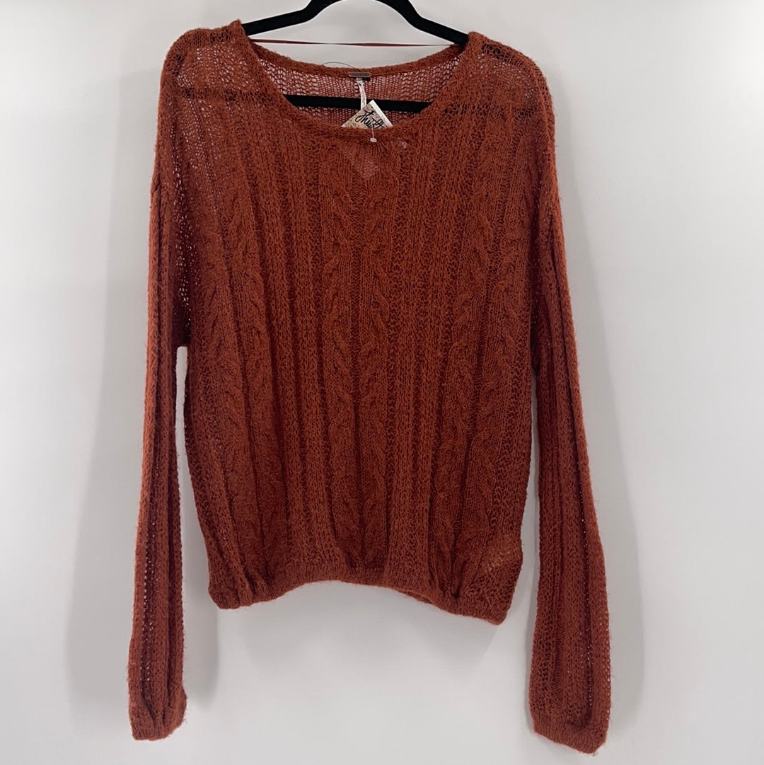 Free People Sheer Elastic Waist and Cuffs Brick Knit Sweater (Size XS)