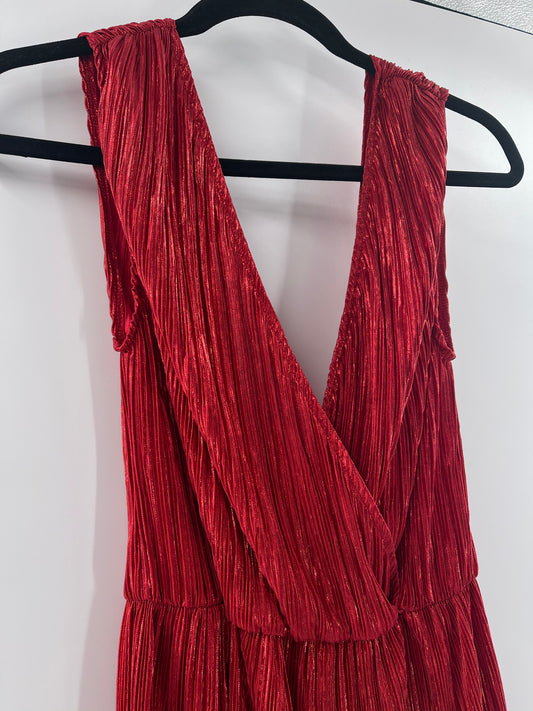 OML Anthropologie Metallic Red Pleated Deep V Neck Sleeveless Mini Dress (Size M)