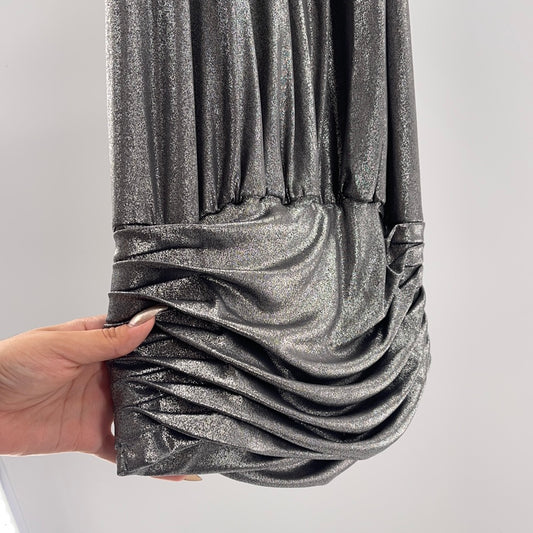 Wet Seal - Silver Sparkly Ruched Hem Midi Dress (Size Medium)