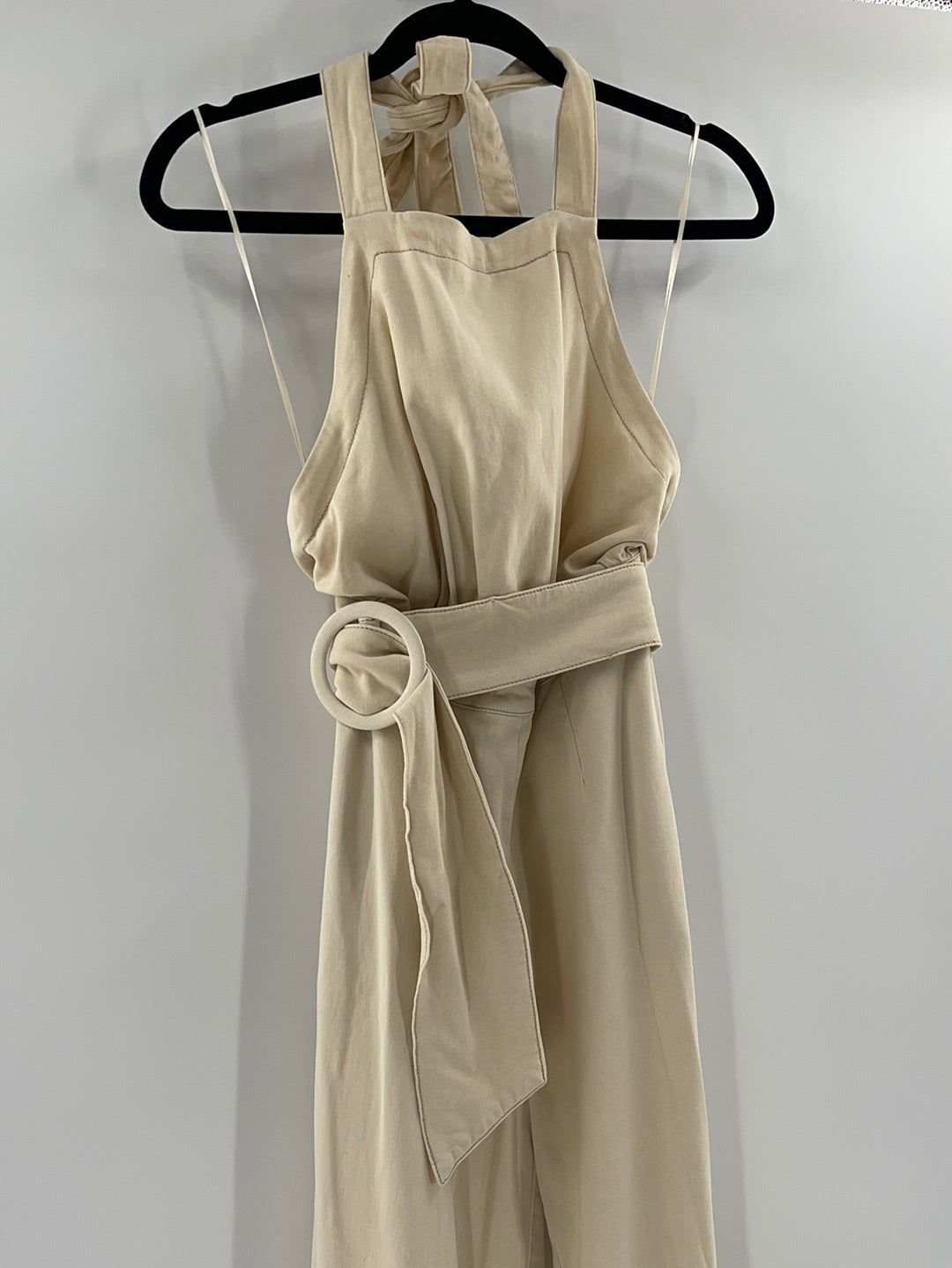 Free People Cream  Halter Backless Belted Jumpsuit (Size XS)