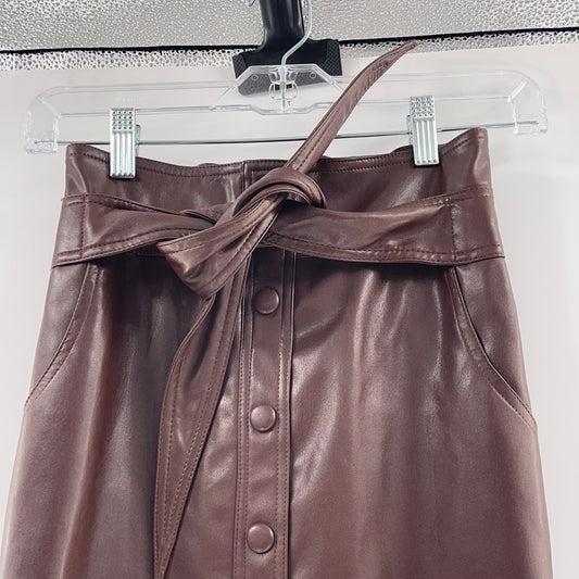 Urban Outfitters Brown Vegan Leather Mini Skirt with Elastic Waist, Belt and Front Buttons (Size XS)