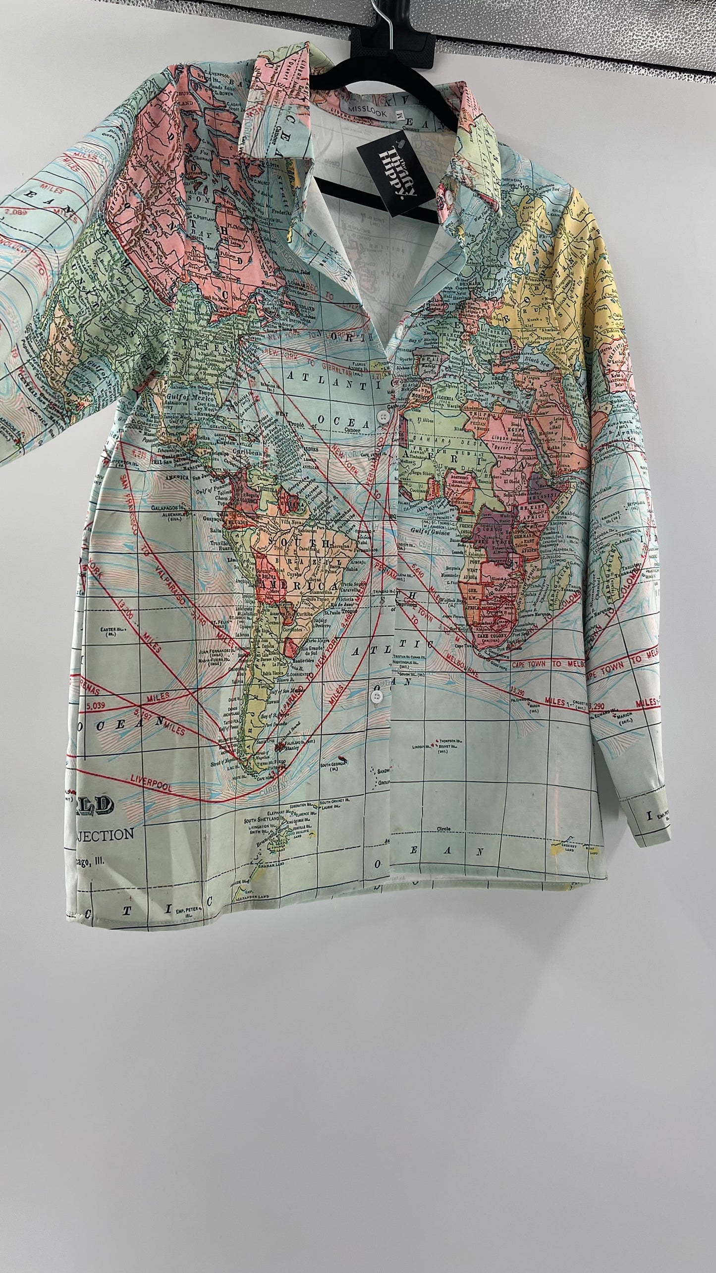 MISSLOOK Globe Map Long Sleeve Graphic Button Up (Medium)