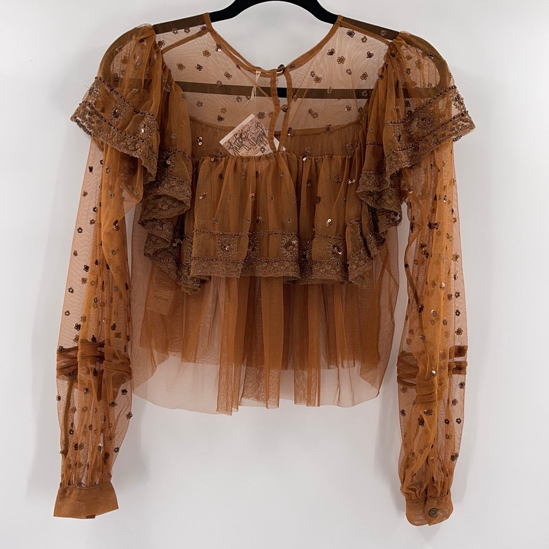 Free People Terracotta Embellished Mesh Top (XS)