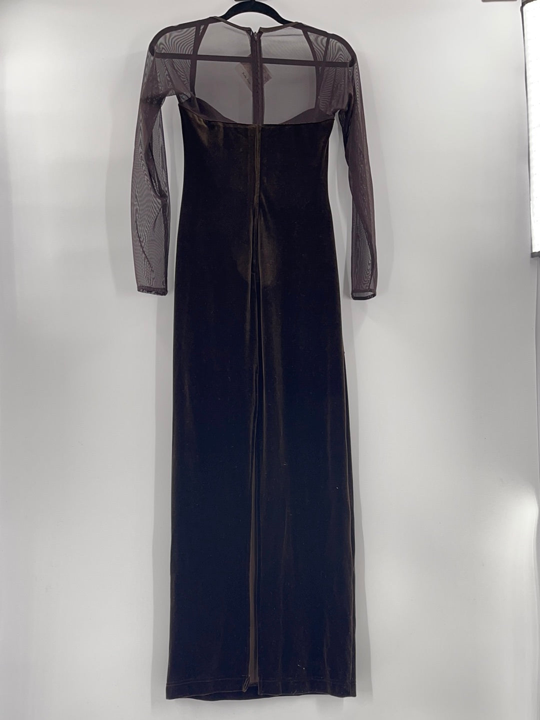 Tadashi Maxi Brown Velvet Long Sleeve Dress With Beaded Embellishments and Back Slit (item has no size tag, appears to be Size S, stretchy fabric)