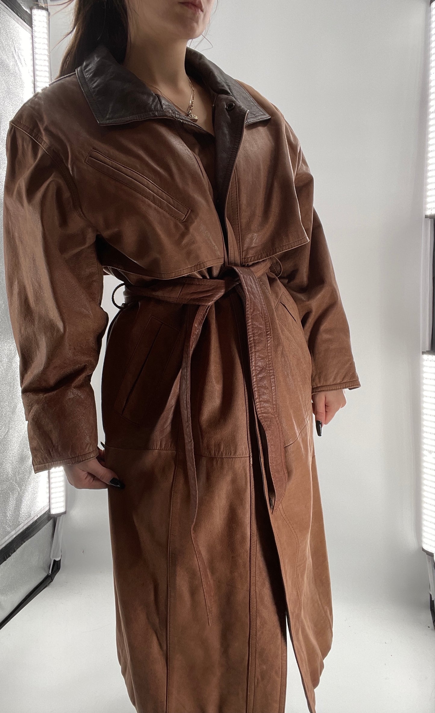 Adventure Bound By Wilsons Vintage Leather Trench Coat with Belt and Front Zipper and Removable Lining - Size M