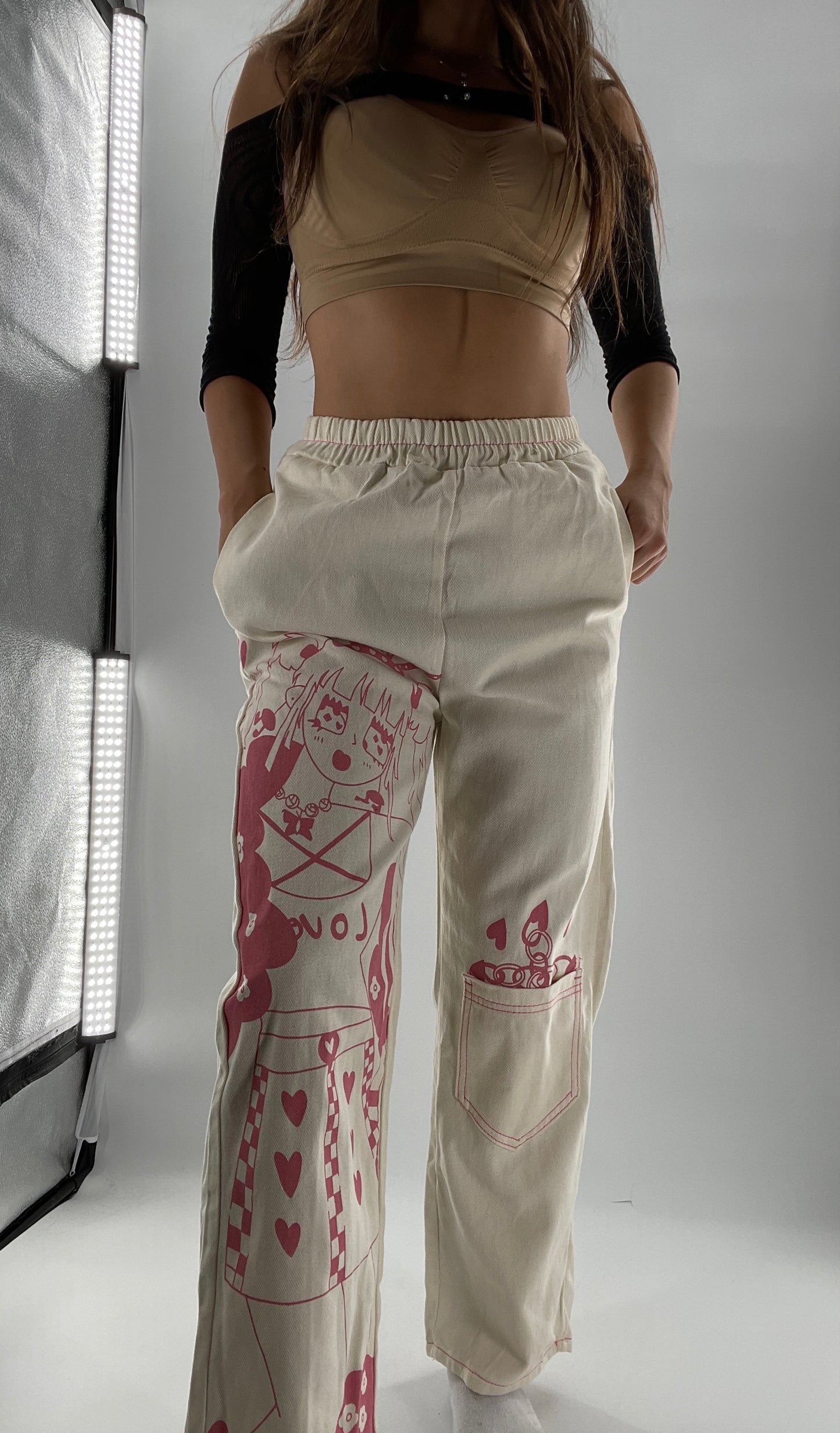 Beige Carpenter Pant with Pocket and Pink Anime Graphic (Medium)