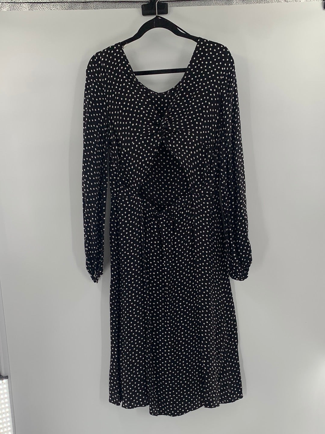 Anthropologie Black Satin With White Polka Dots Long Sleeve Back Open Maxi Dress (Size 12)