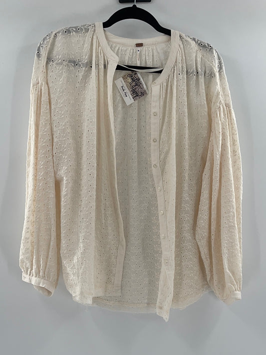 Free People Beige Eyelet Lace Button Up (S)