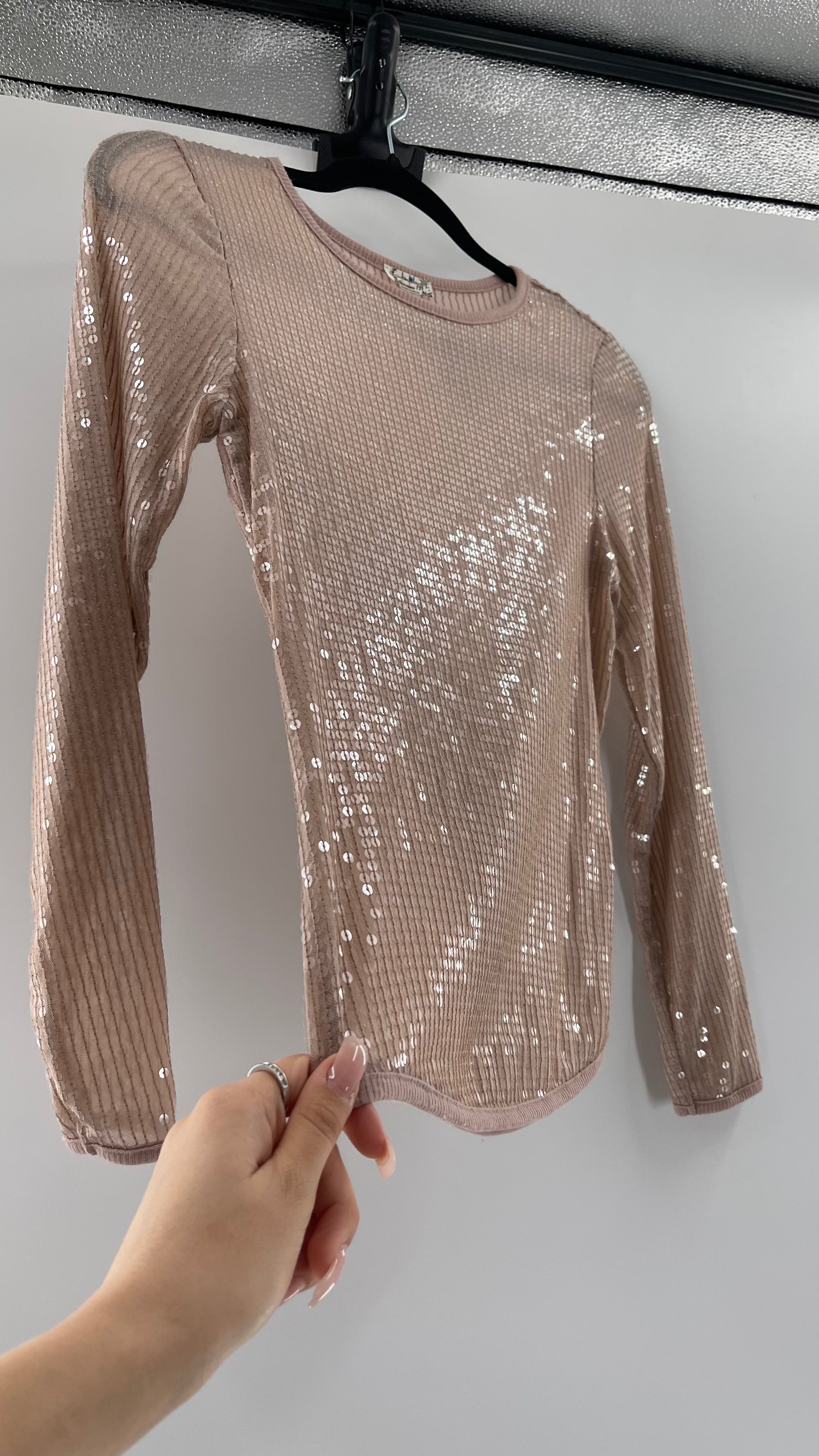 Pink sequin long sleeve top hot sale