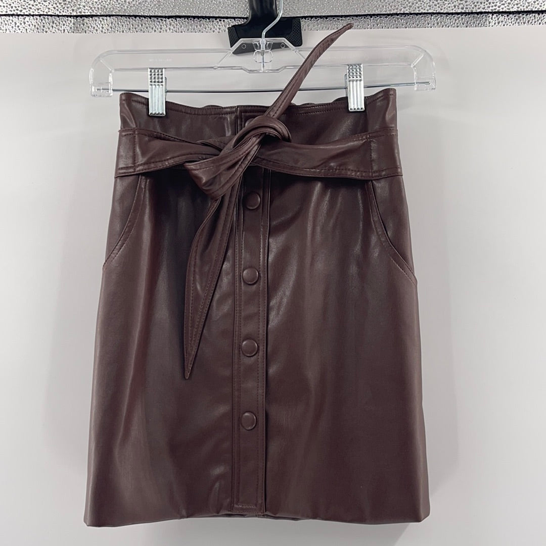 Urban Outfitters Brown Vegan Leather Mini Skirt with Elastic Waist, Belt and Front Buttons (Size XS)