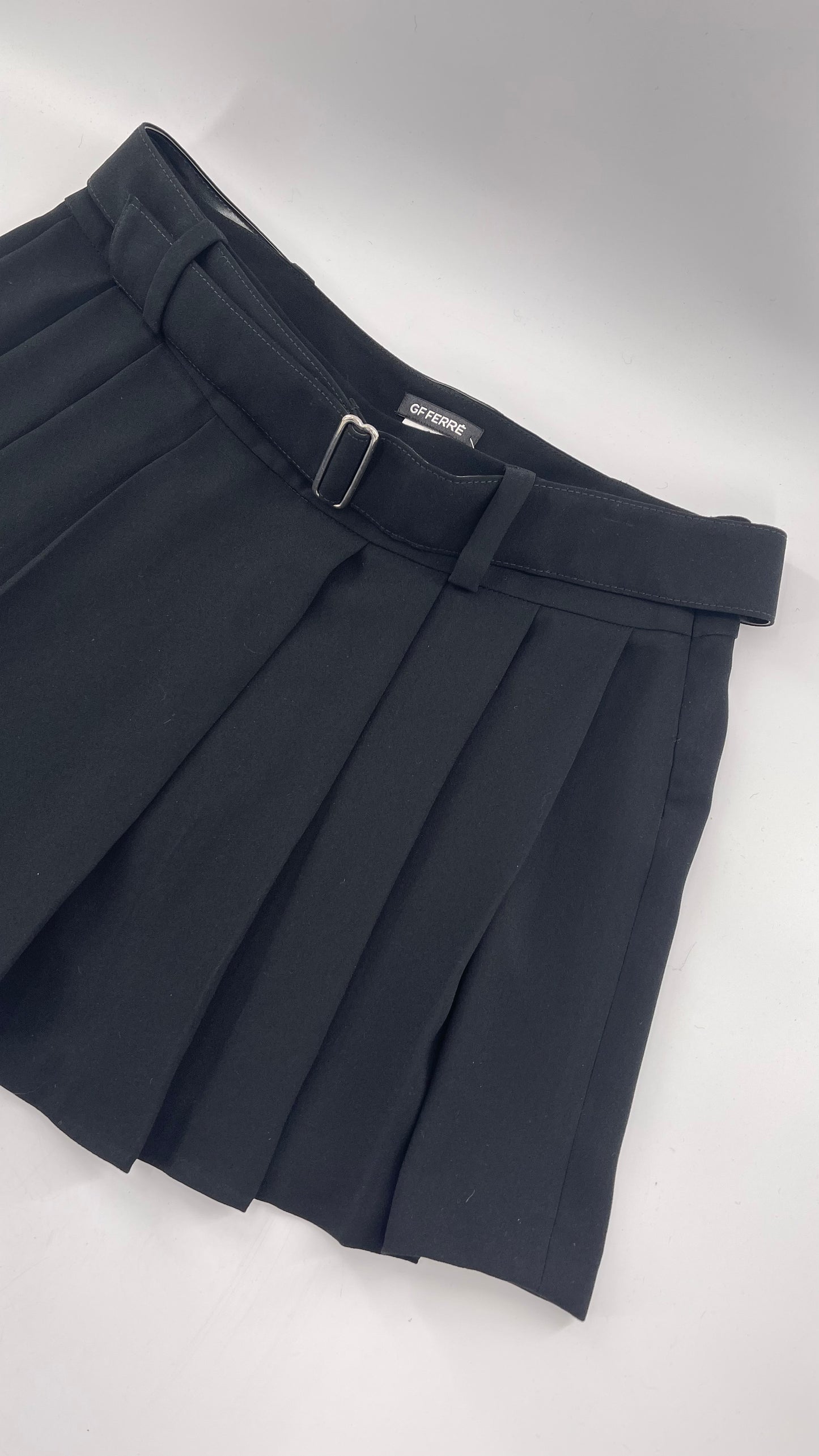 GF FERRE Gianfranco Ferre Black Pleated + Belted Mini Skirt (30/44)