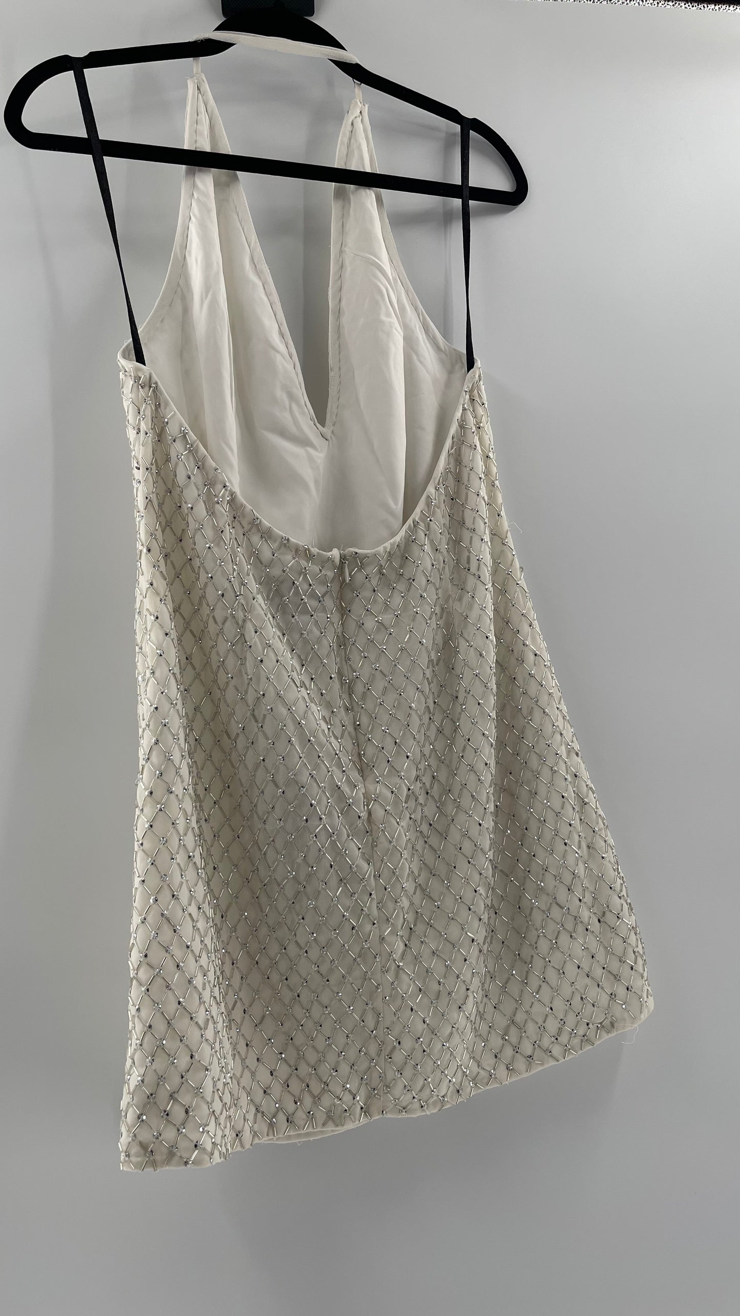 X by NBD White Jack Dress in Ivory Silver Beaded Halter Dress with Tags Attached (Large)