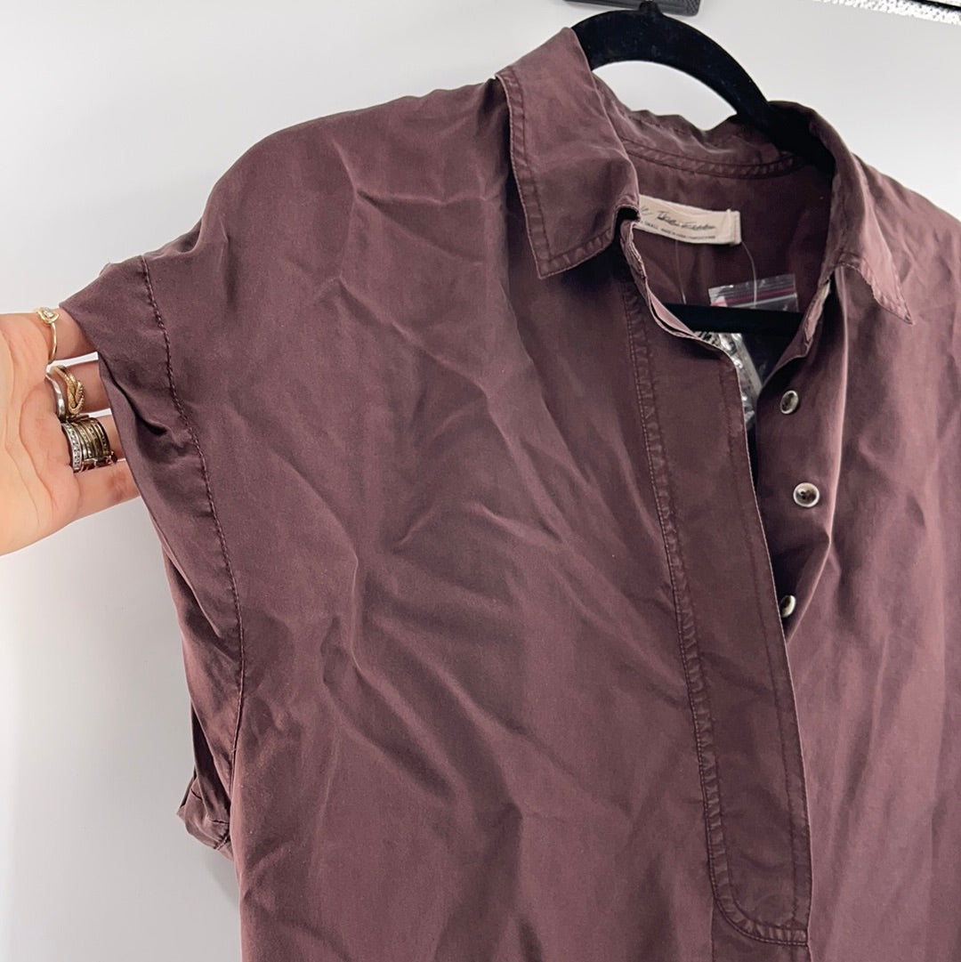 Free People 100% Silk Brown Button Up (XS)