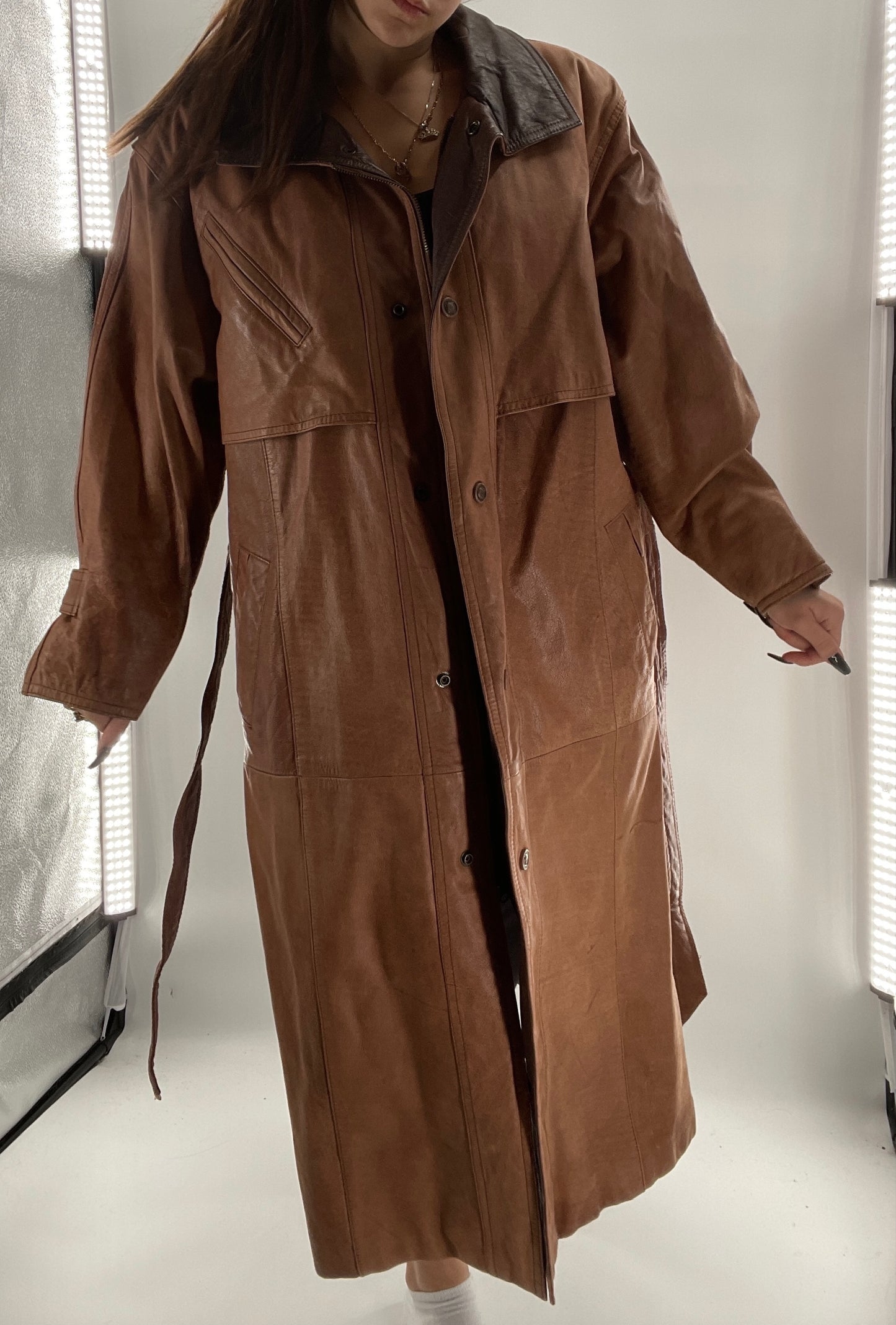 Adventure Bound By Wilsons Vintage Leather Trench Coat with Belt and Front Zipper and Removable Lining - Size M