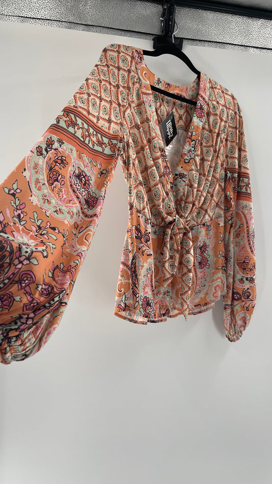 Free People Silky Orange Paisley Tie Front Blouse (M)