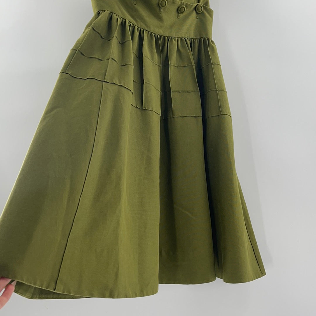 Maeve - Anthropologie Strapless Oliver Green Pleated MIDI Dress - Buttoned Under Breast- Could Separate and Make a 2 Piece Set -  (Size 4)
