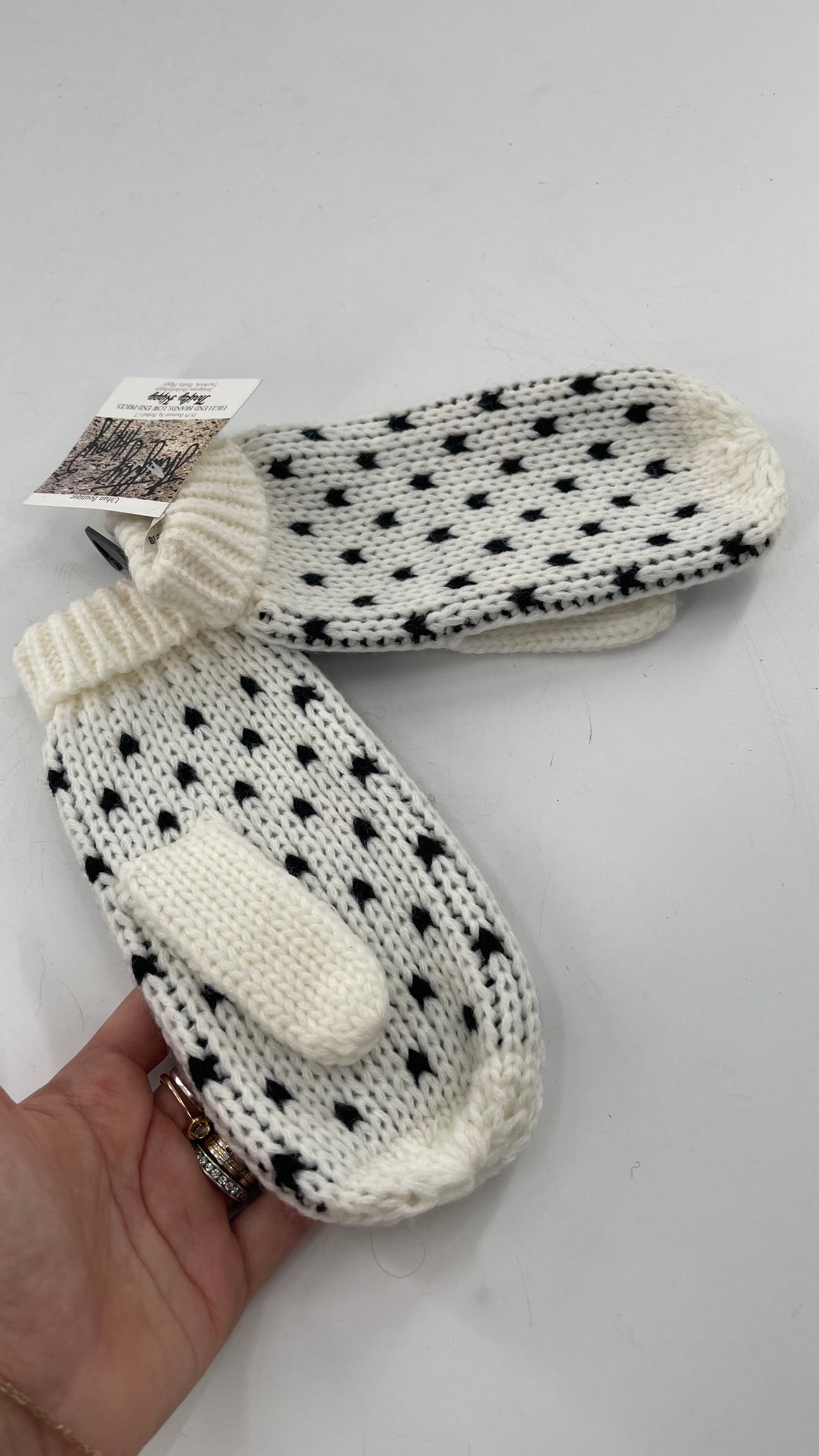 Free People White Knit Mittens with Black Pattern