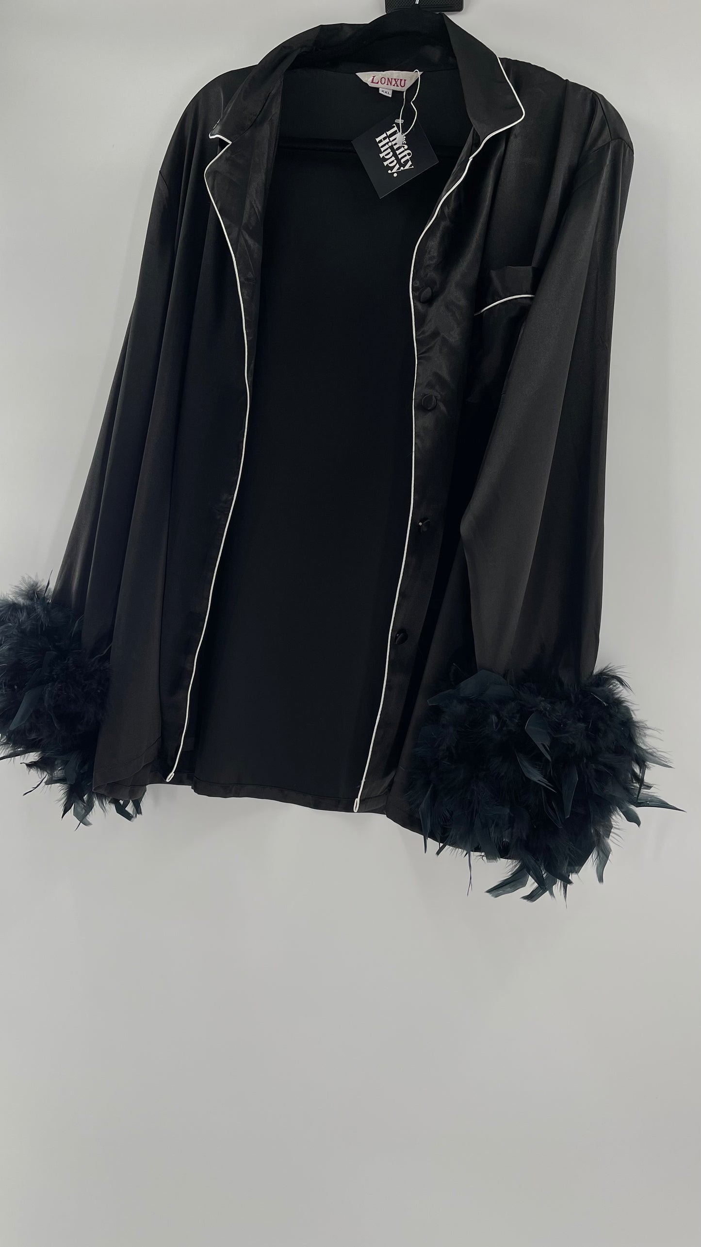 Lonxu Black Satin Pijama Top with Ostrich Feather Cuffs (XXL)