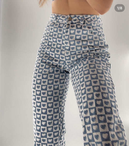 Checker print blue/white heart pants (Sz26)