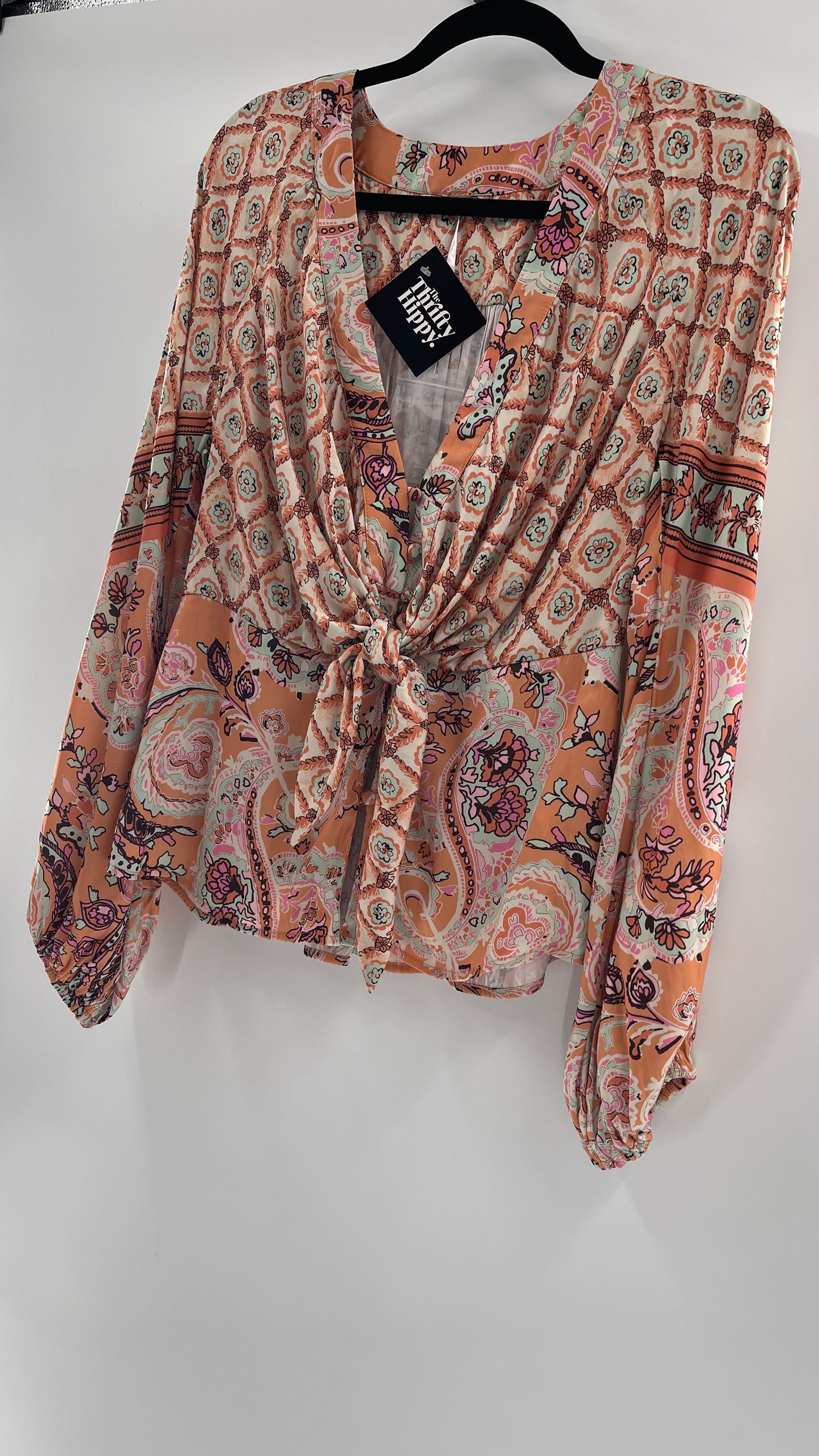 Free People Silky Orange Paisley Tie Front Blouse (XS)