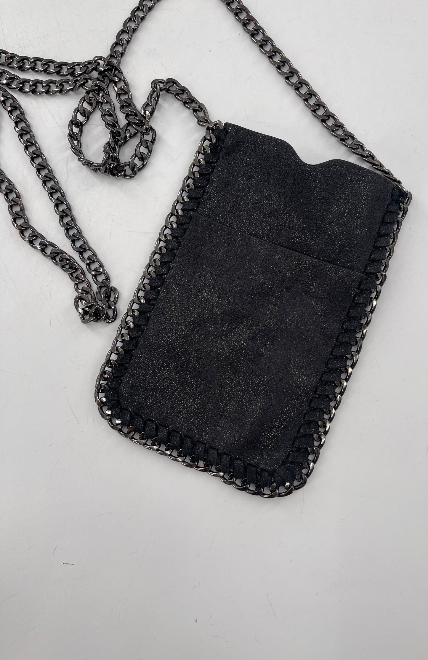Metallic Black Leather Chain Lined Phone Pouch