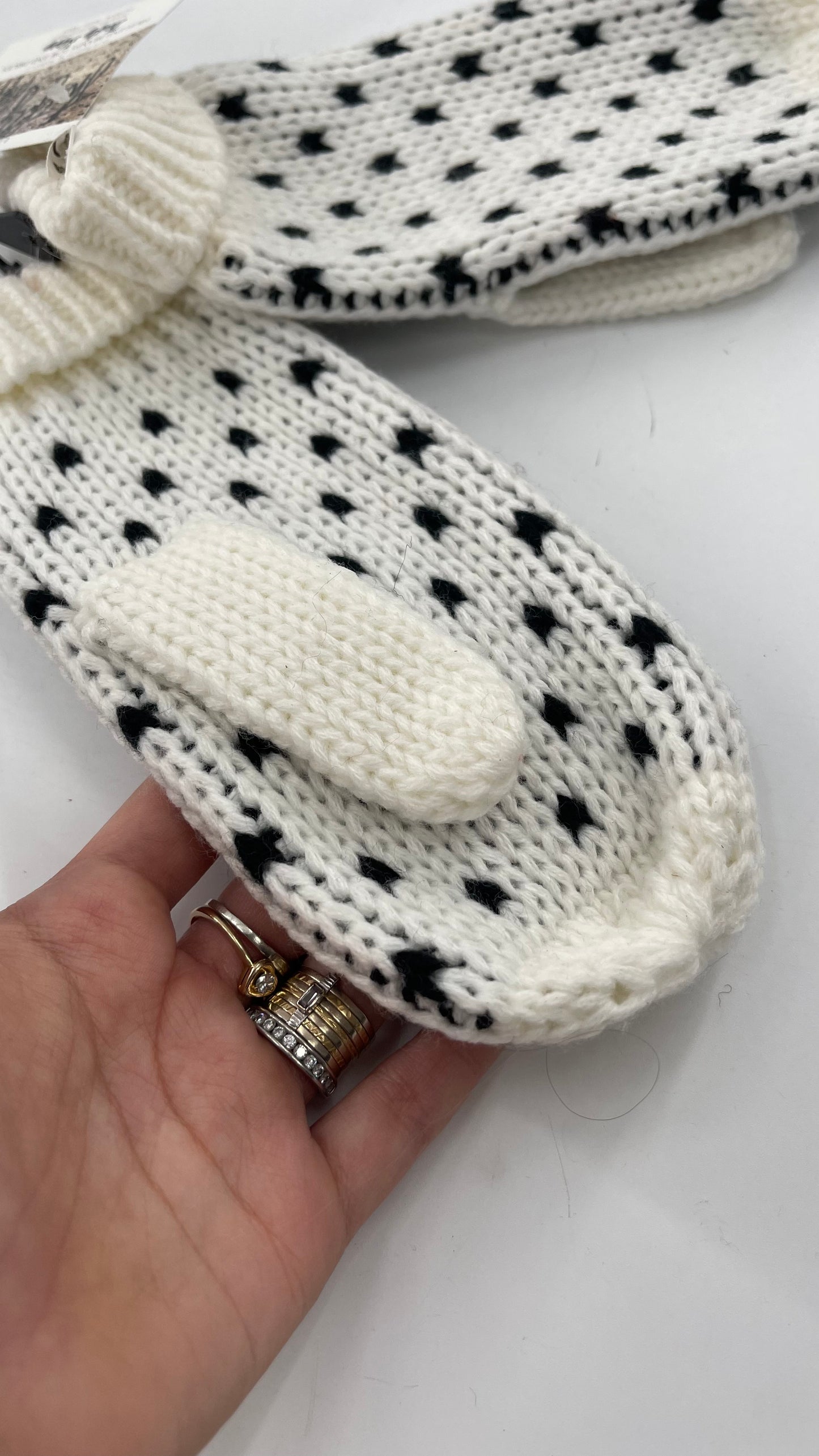 Free People White Knit Mittens with Black Pattern