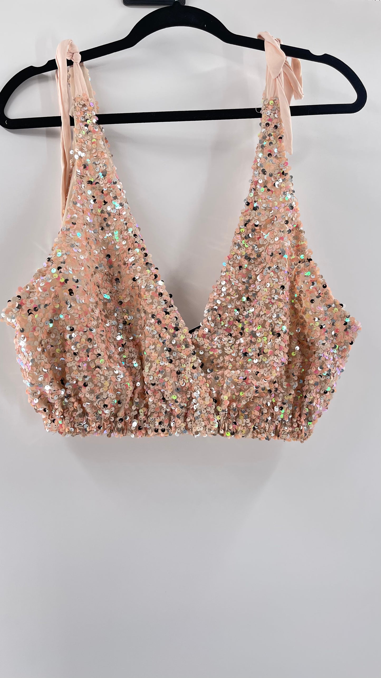 Intimately Free People Big Night Tie Shoulder Pink Sequin Crop (Medium)