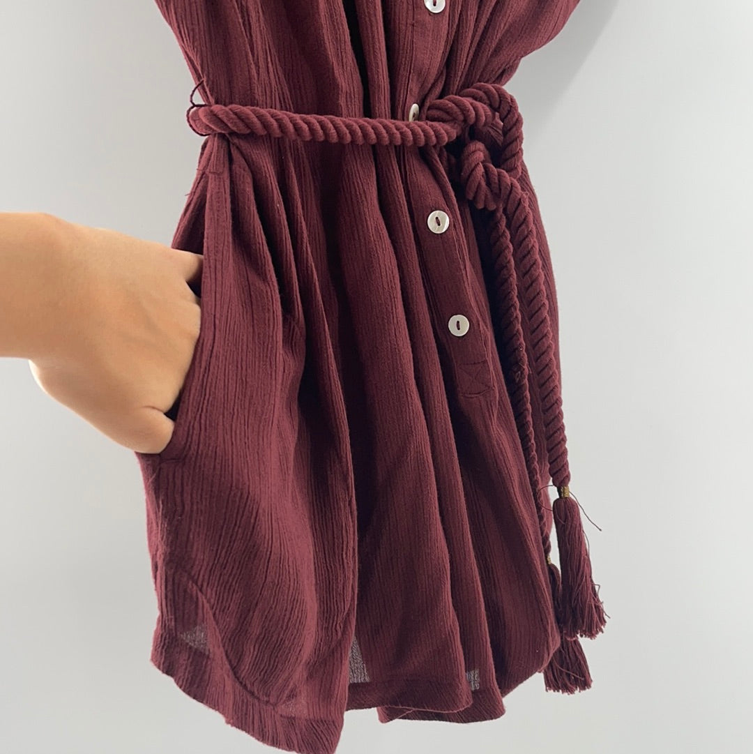 Free People Maroon Short Sleeve Romper with Rope Belt (Size S)