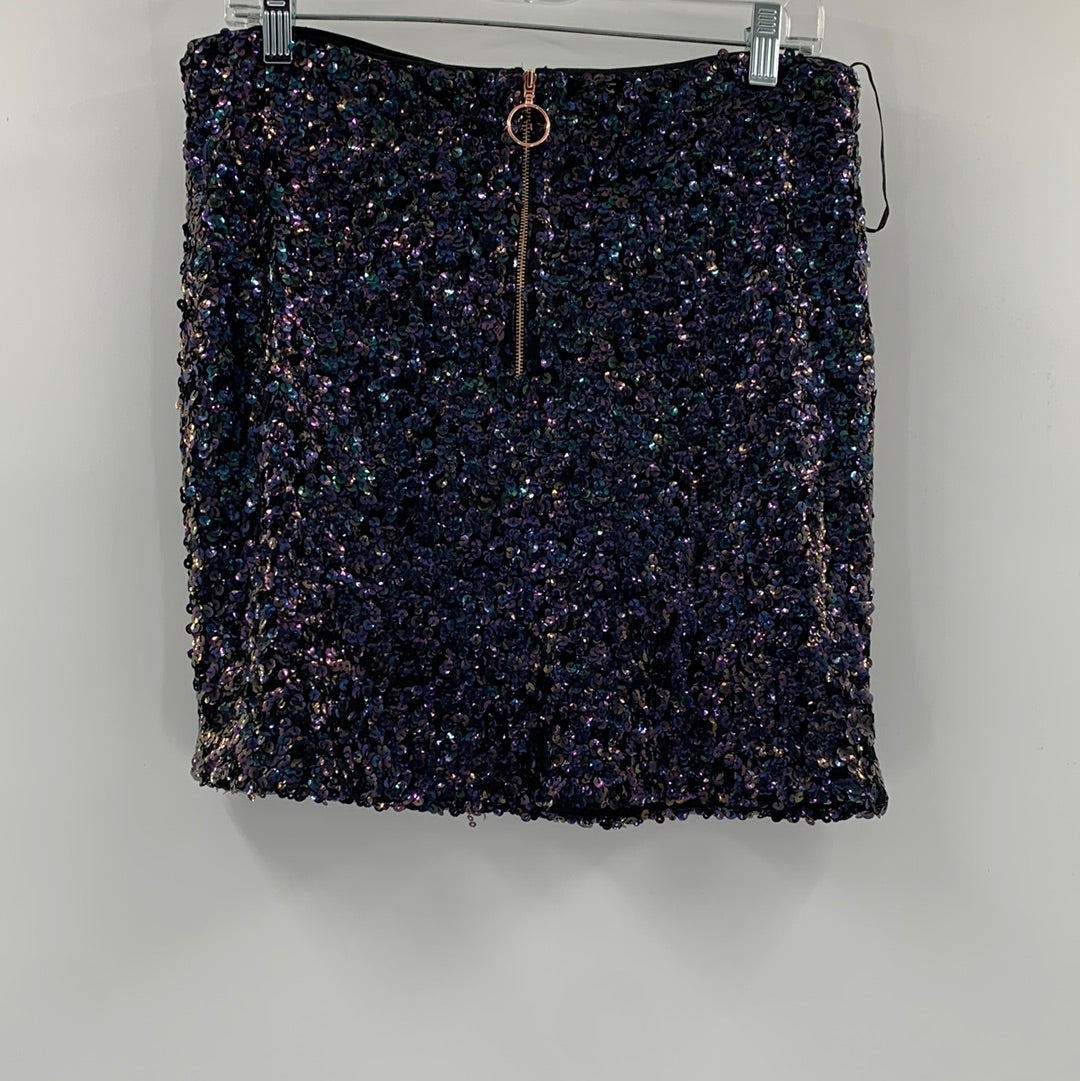 Free People Sequin Mini Skirt Iridescent Navy Blue with Rose Gold Front Zipper (Size L)