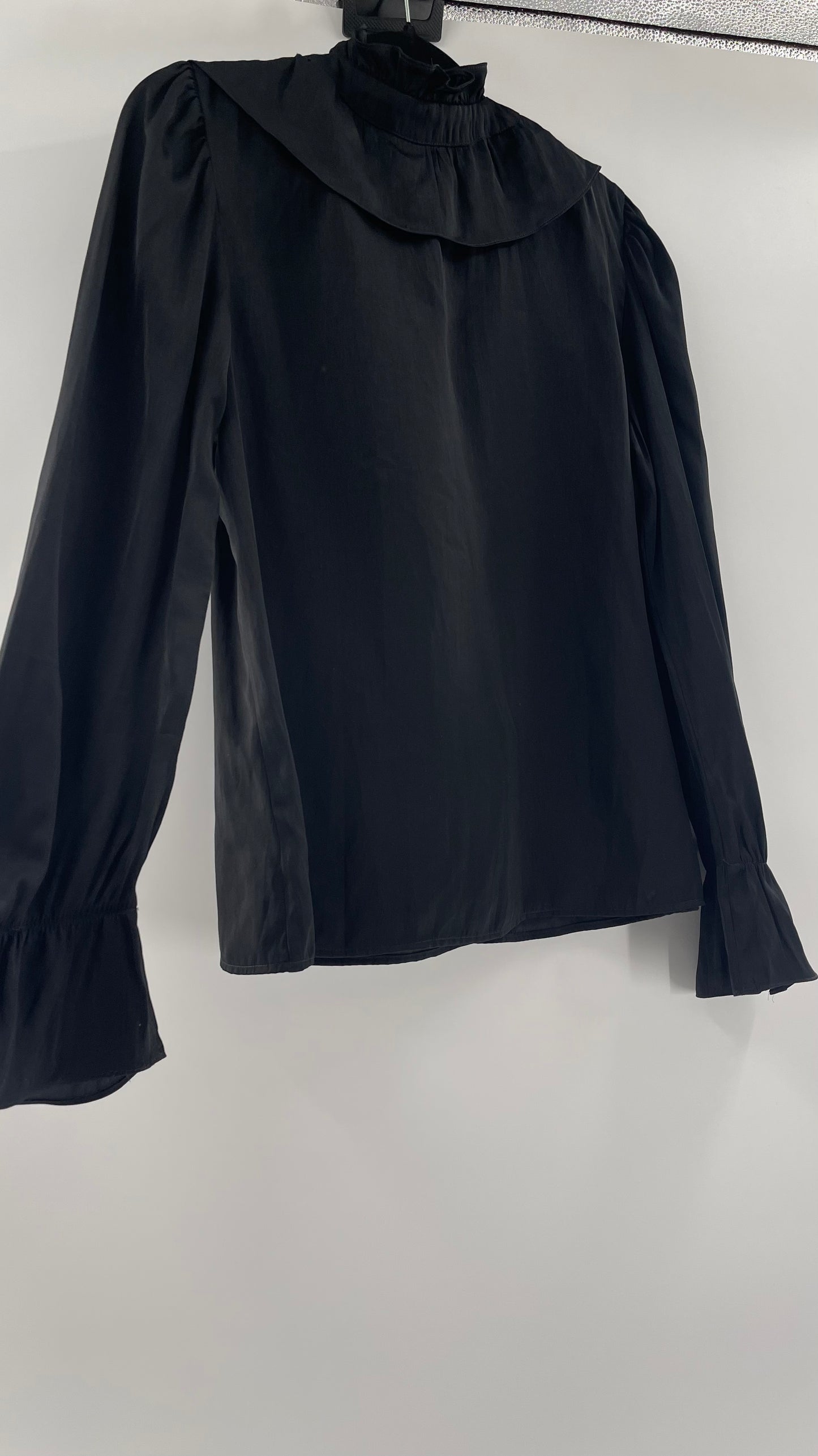 NOIRE Black Satin Ruffled Neckline Blouse (Large)