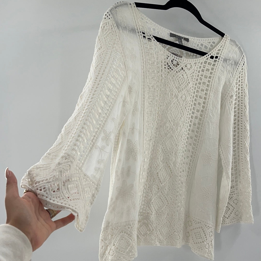 Blue Tassel White Cotton Crochet Blouse (XS)