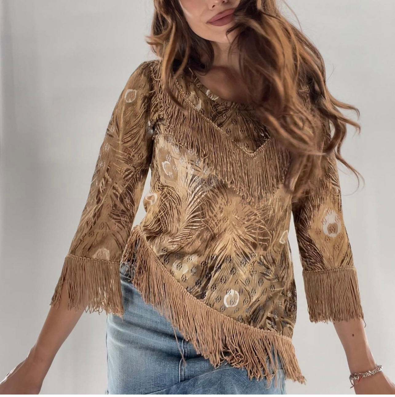 Vintage Tan Asymmetric Fringe Top (S)