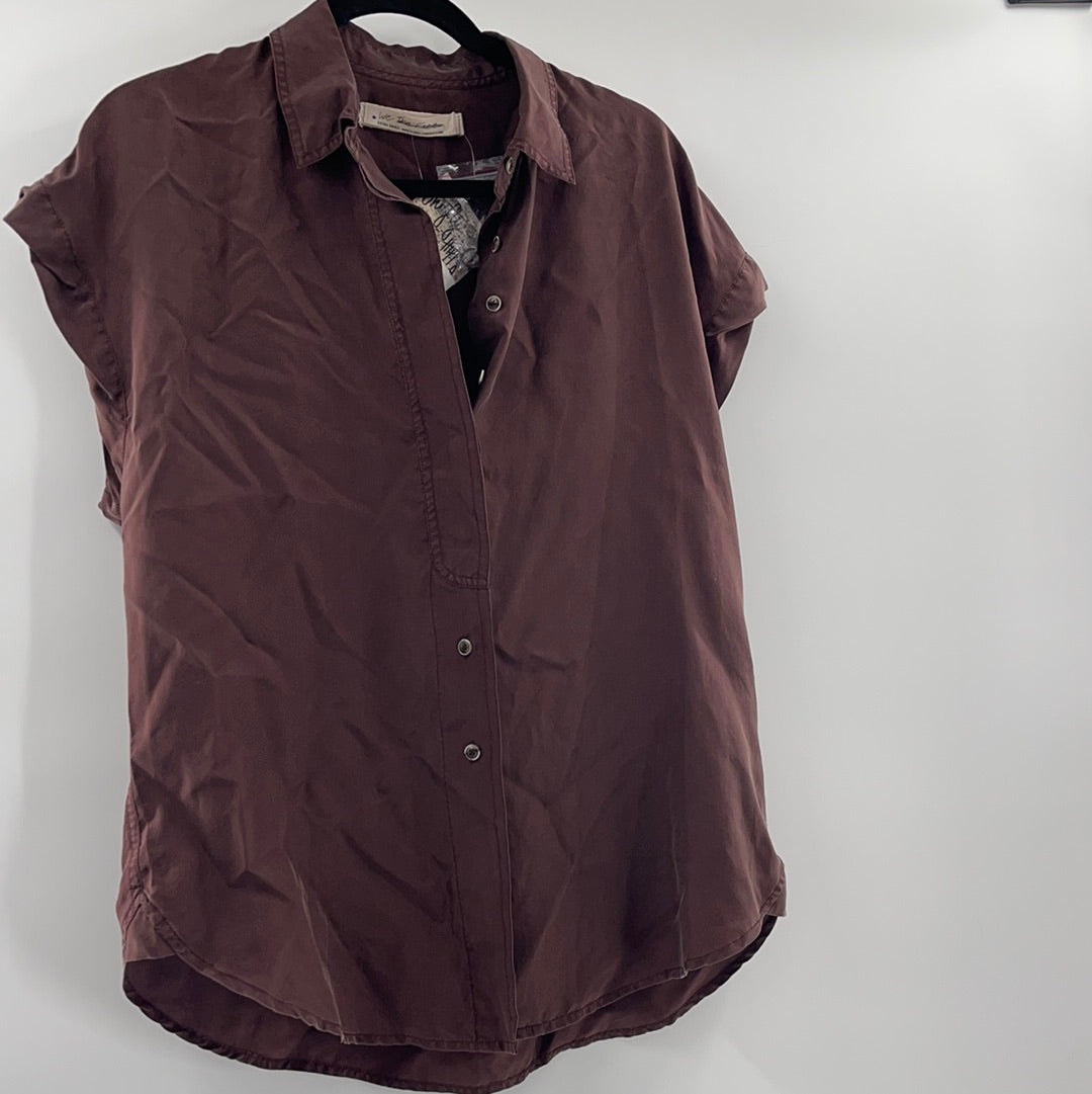 Free People 100% Silk Brown Button Up (XS)