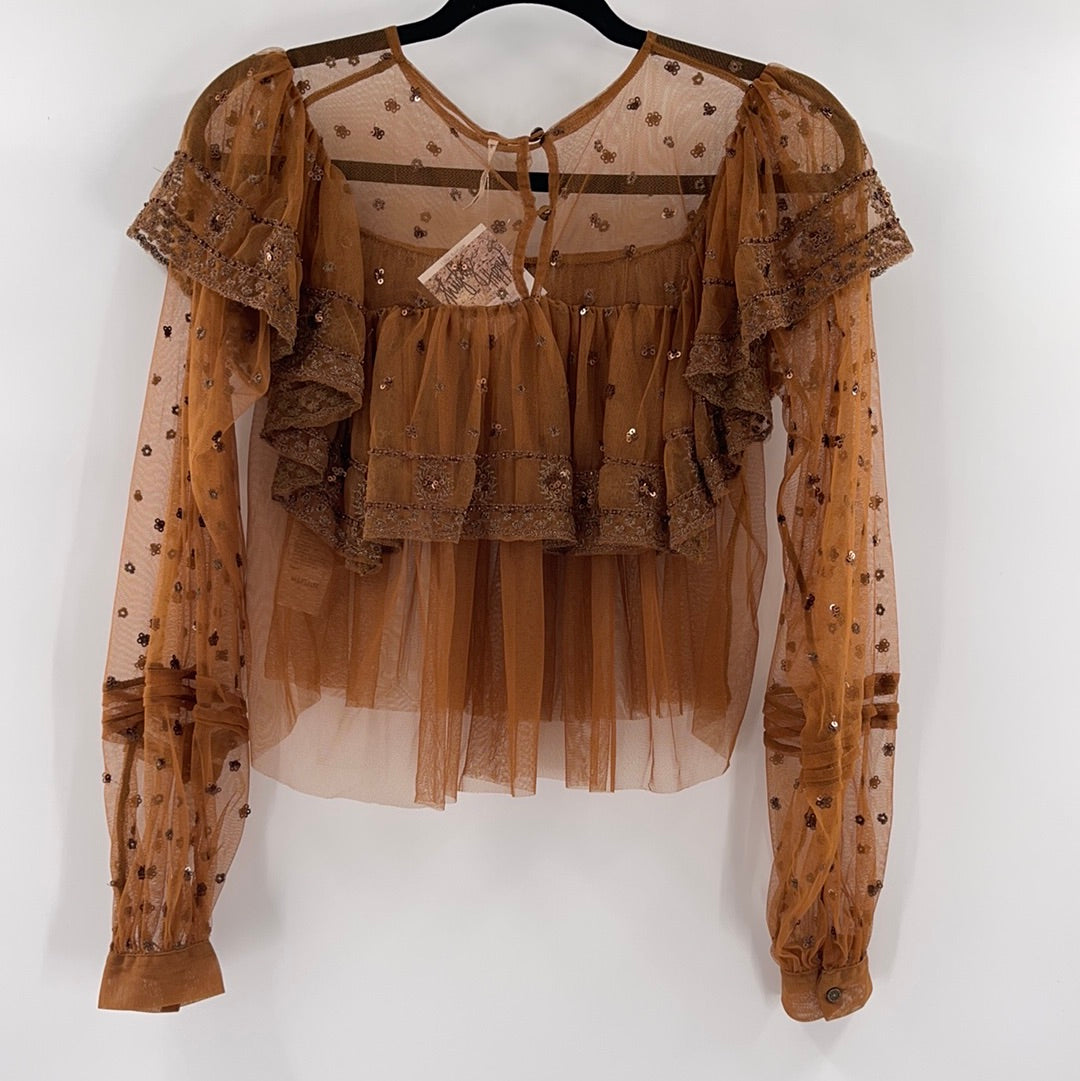 Free People Terracotta Embellished Mesh Top (XS)