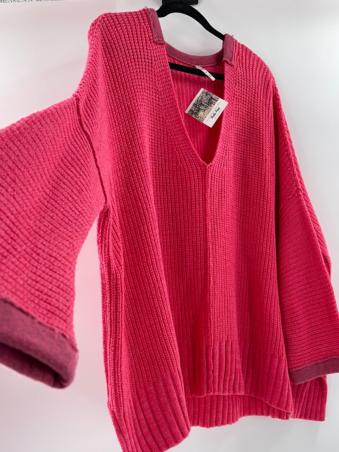 Free People Bright Pink Oversized Sweater V Neck ( Size Medium/Large)