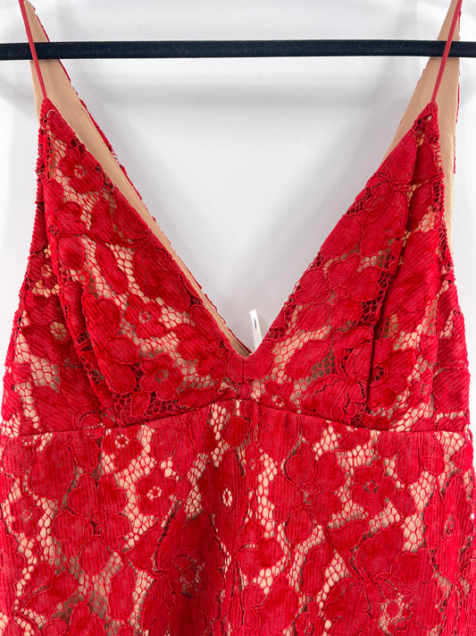 Free People Red Corduroy Lace Over Nude Underlay Sleeveless Mini Dress (Size 0)