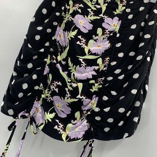 Urban Outfitters Ruched Black Mini Skirt With White Polka Dots and Lilac and Green Flowers (Size M)