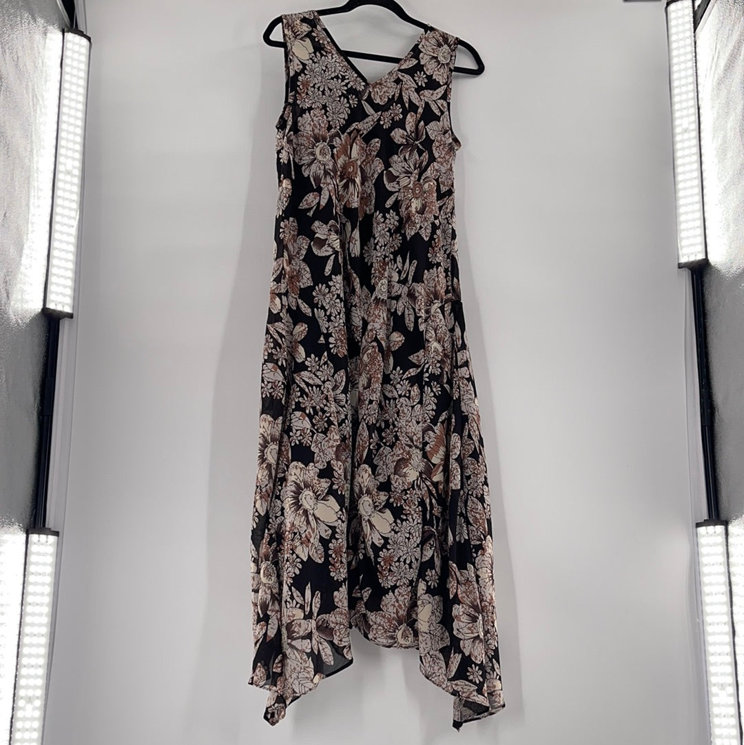 Mlle Gabrielle Black Flowered Sleeveless Voile Maxi Dress (Size L)