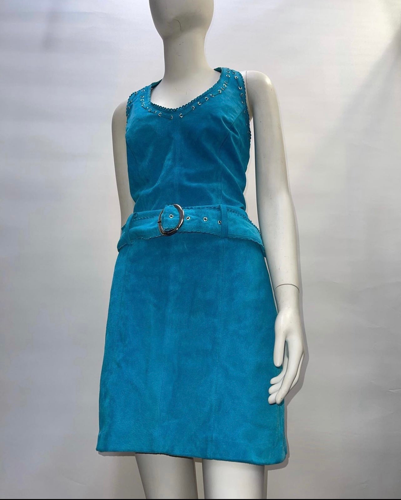 Vintage Teal Suede Leather Mini Dress(Sz 8)