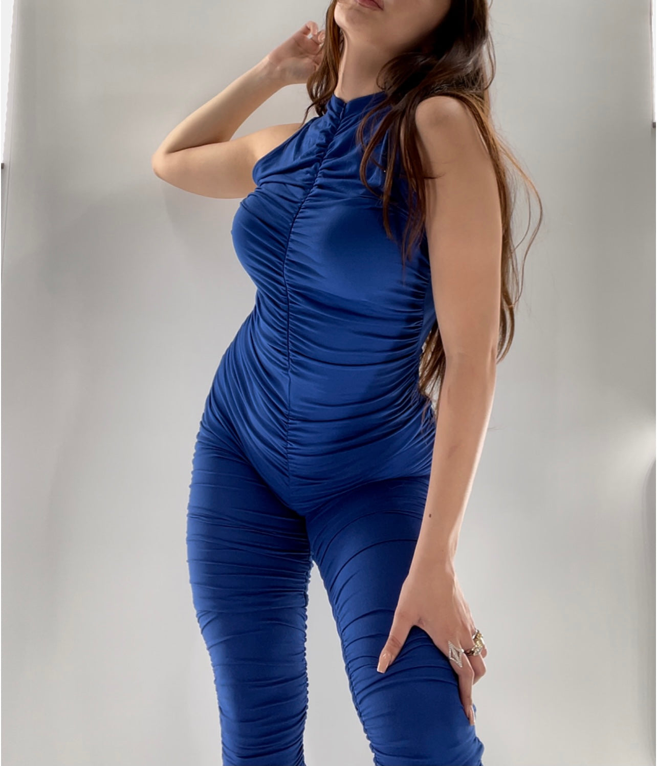 SJL Apparel - Blue Ruched Sleeveless Jumpsuit (Size Large)
