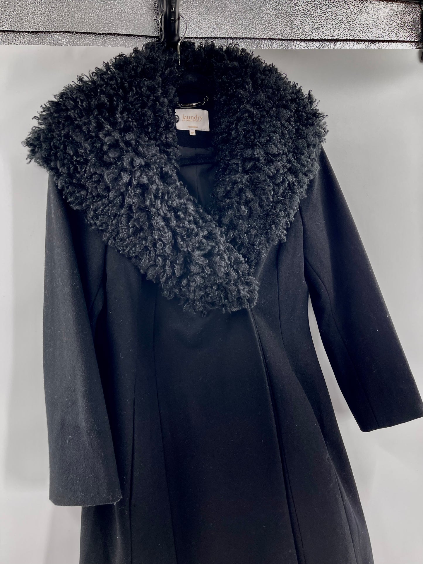 Laundry By Shelli Segal Black Wool Coat With Faux Fur Trimming (Size 8)