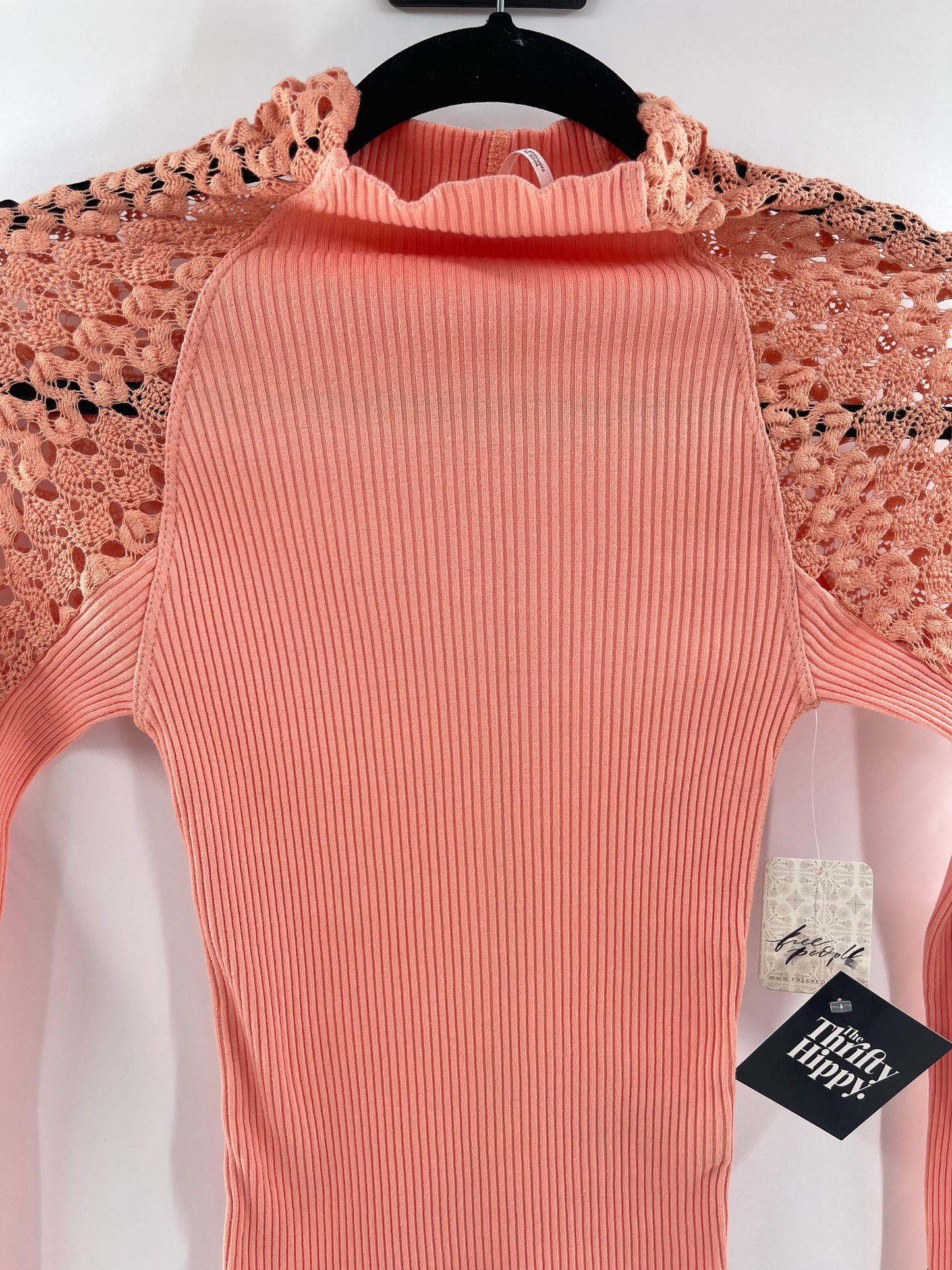 Free People Pink Ribbed Knit + Lace Mock Neck (XS)