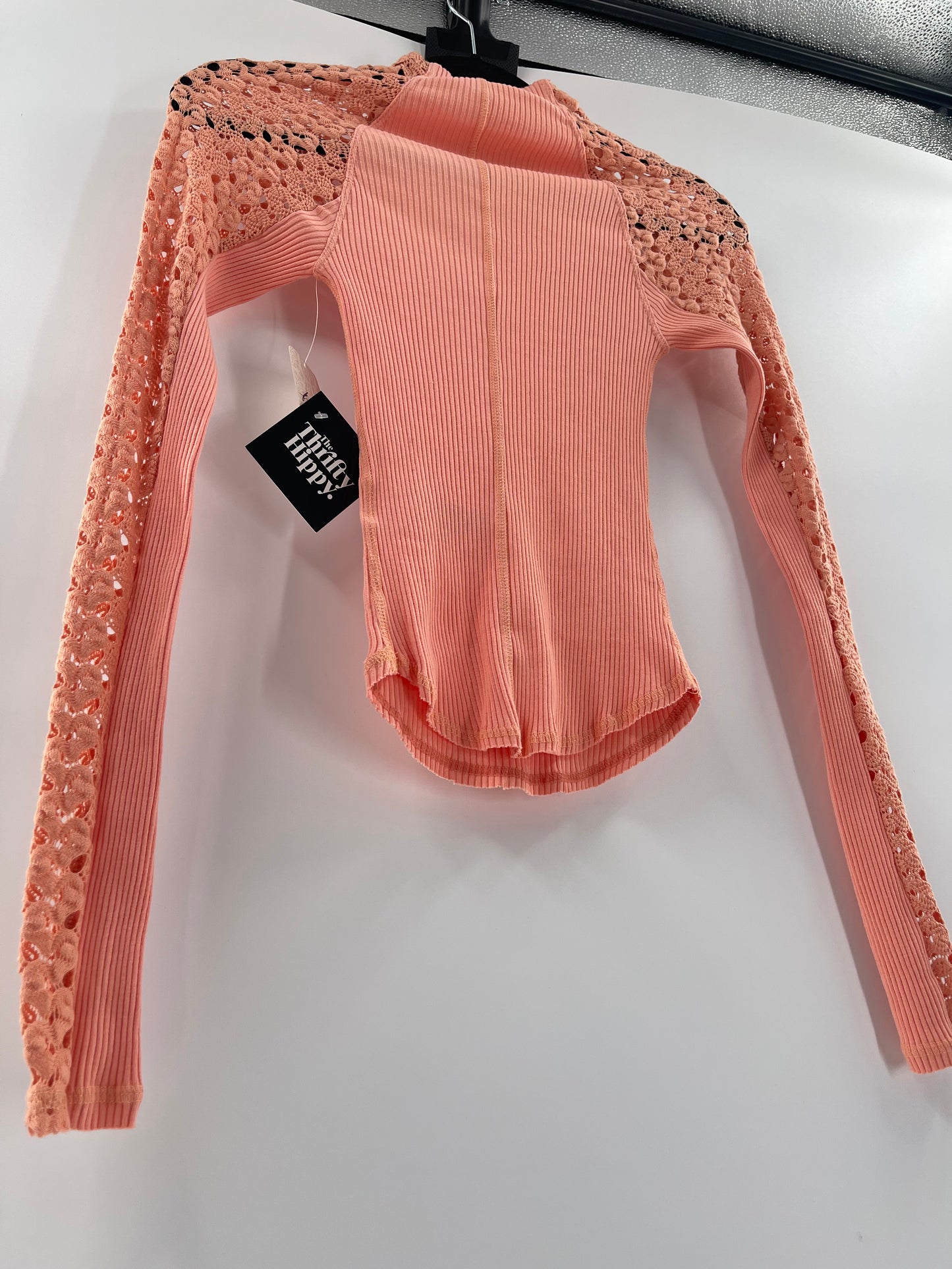 Free People Pink Ribbed Knit + Lace Mock Neck (XS)